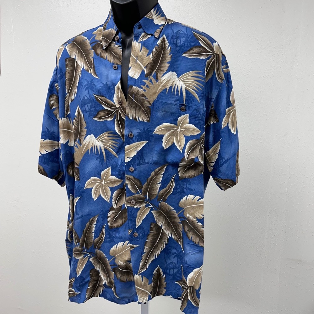 Tropical Palm Leaf Hawaiian Shirt Button Up Short Sleeve Blue Size XL - Picture 2 of 9